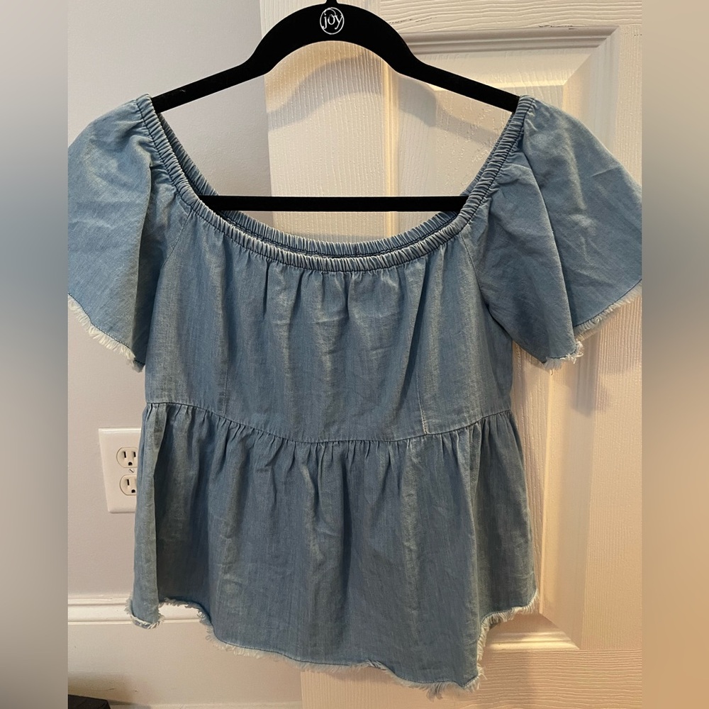 Zara Basic Denim Off Shoulder Top Peplum Chambray Frayed Blue Short Sleeve